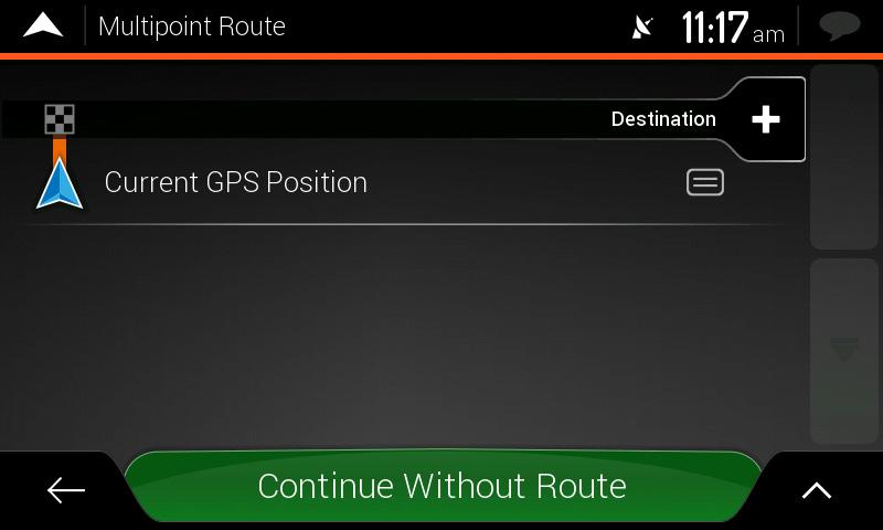 2. Tap. 3. There is only one line in the list of route points, the starting point of the route, which is normally the current GPS position. 4. Tap to select the destination. 5. The New Route to.