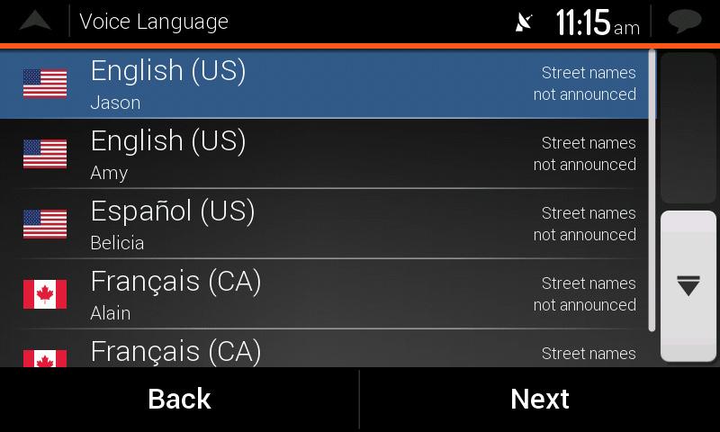 1 Initial set-up When using the navigation software for the first time, an initial set-up process starts automatically. 1. Select your preferred language, then tap to confirm your selection.