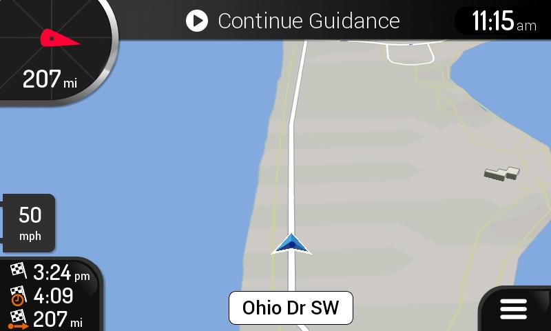 6. Tap to continue. The map returns with a transparent position marker (showing that there is no GPS reception).