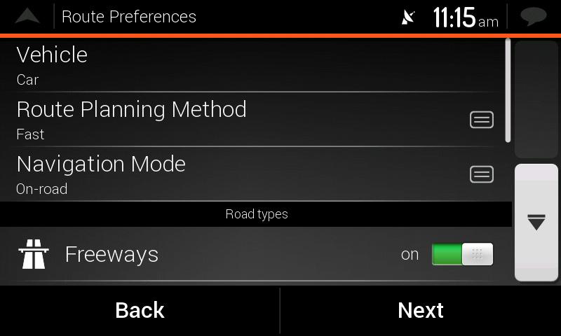 If needed, modify the default route planning options.