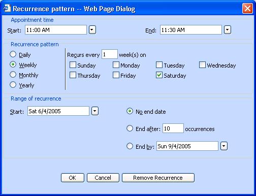 Recurrence If you are scheduling a meeting that will happen on a regular schedule, or a yearly event such as a Birthday, click on the Recurrence button on the Appointment toolbar to setup recurrence