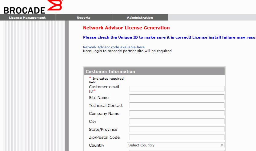1 Obtaining a license key FIGURE 2 Brocade Network Advisor License Generation window 4. Enter the requested information in the required fields.