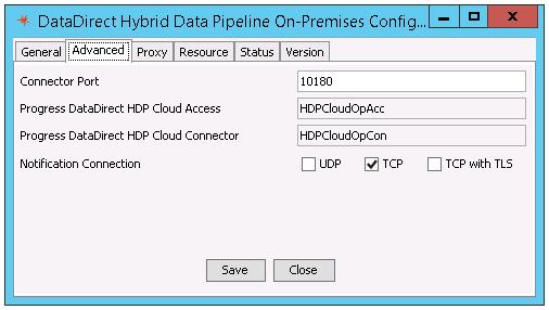 Chapter 5: Installing the Hybrid Data Pipeline On-Premises Connector 5. Optionally, click the Advanced tab.