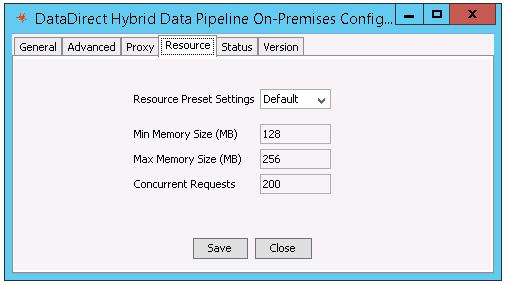 Chapter 5: Installing the Hybrid Data Pipeline On-Premises Connector 1. Open the Configuration Tool, and click the Resource tab. 2.