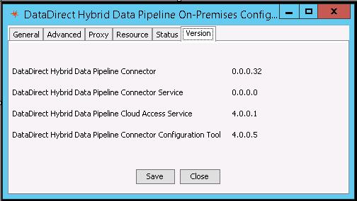 Configuring the On-Premises Connector Determining the version The Version tab shows the versions of the Hybrid Data Pipeline connectivity service and components of the On-Premises Connector. 1.