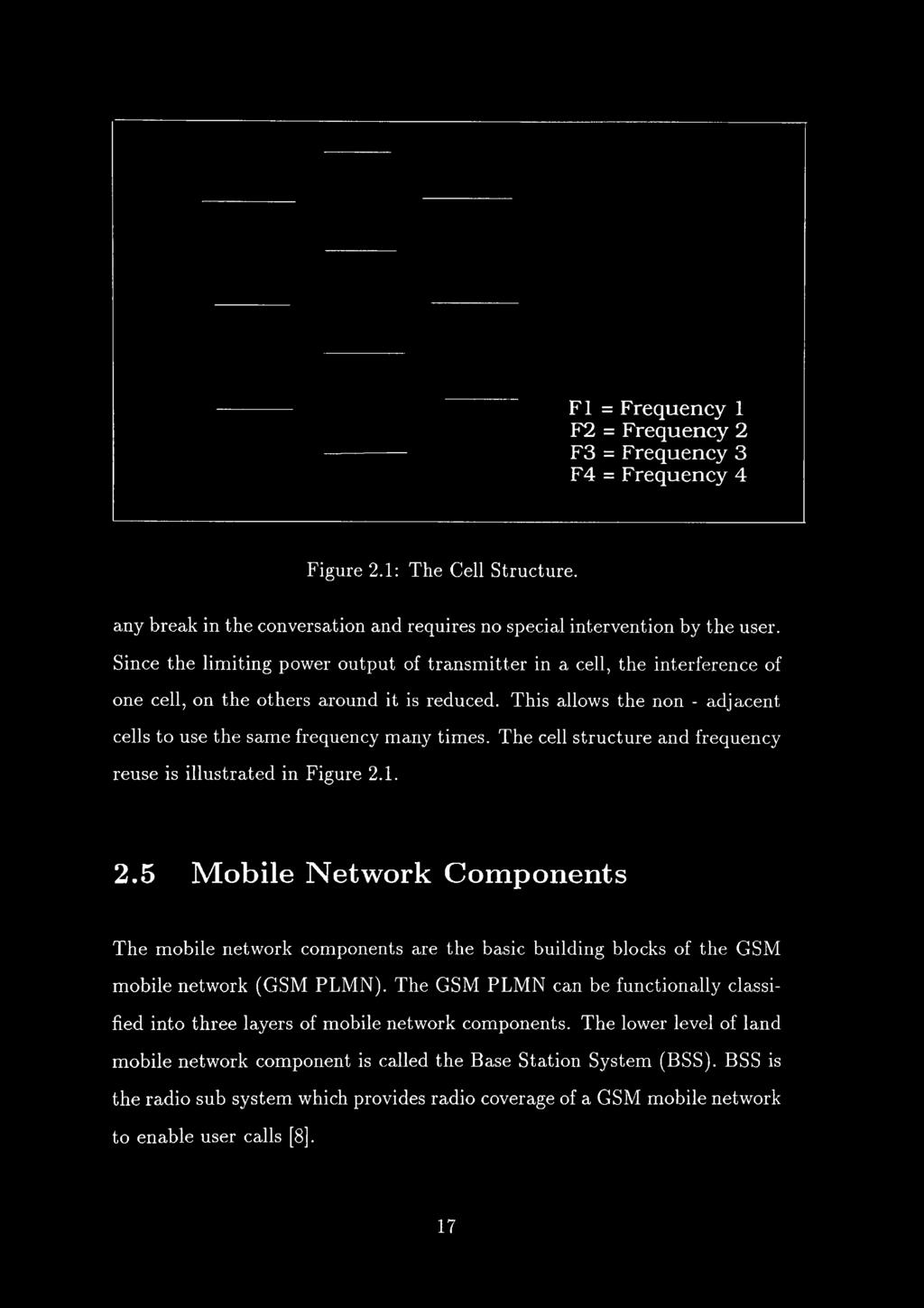 The cell structure and frequency reuse is illustrated in Figure 2.1. 2.5 Mobile Network Components The mobile network components are the basic building blocks of the GSM mobile network (GSM PLMN).