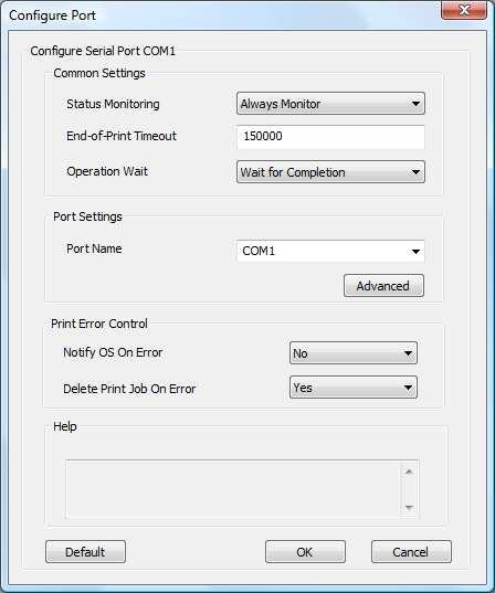 Major settings: Port Name Setting Connection condition Busy Criteria (Default : Use Pprinter setting) Power Off Determination (Default : 10000(10Second)) Description Change the COM port used