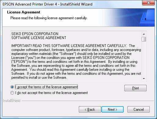 To continue installation, click the [Next] button. (See "Compatibility between APD 4.5xx or later and other driver/utility" on page 19.) The License Agreement screen appears.