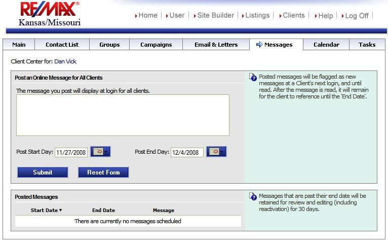 10 Messages: Post online messages for all Clients.. Type in message: Use this text box to type in a message.