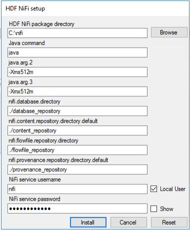 Figure 1.2. HDF_NiFi_setup.png After installation, you can update Java options at nifi-install-dir\conf\bootstrap.conf file. Repository locations are at nifi-install-dir\conf\nifi.properties file. 1.2.2. Starting and Stopping NiFi Once you have downloaded and installed NiFi, you can start NiFi in the foreground or as a service on Windows.
