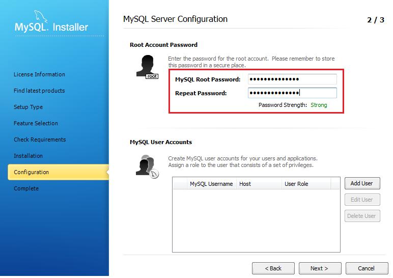 Figure 11 - Setting a new MySQL root-password. Once you have done so, please follow the wizard until a successful installation is reported by the system.
