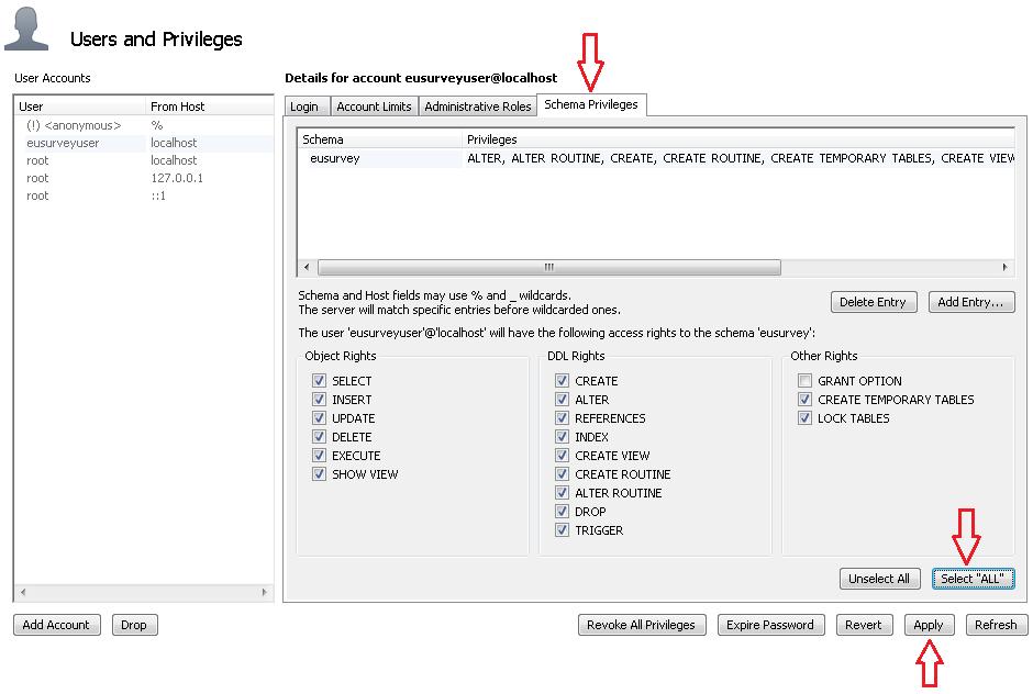 Then, from the tab labelled Schema Privilege, click Select ALL to assign all available privileges to the new user you are about to create. Finally, click Apply to create your new database user.