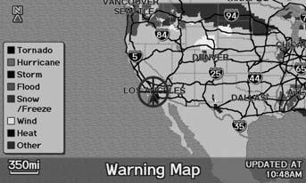 Map Menu Weather Information Warning Map H ENTER button (on map) Weather Info. Warning Map View a color-coded weather warning map. Each color corresponds to a different type of warning. 1.