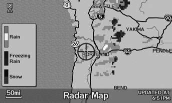 Map Menu Weather Information Navigation Radar Map H ENTER button (on map) Weather Info. Radar Map View a weather radar image map displaying rain and snow systems.