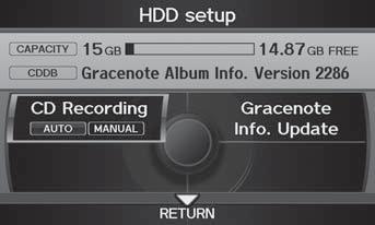 Playing Hard Disc Drive (HDD) Audio Updating Gracenote Album Info Updating Gracenote Album Info Audio H AUDIO button (in HDD or DISC mode) AUDIO MENU HDD Setup Update the Gracenote Album Info