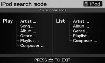 Searching for Music Using Song By Voice (SBV) Use Song By Voice (SBV) to search for and play music from your HDD or ipod device using voice commands. 1. Set Song By Voice to ON in the system setup.