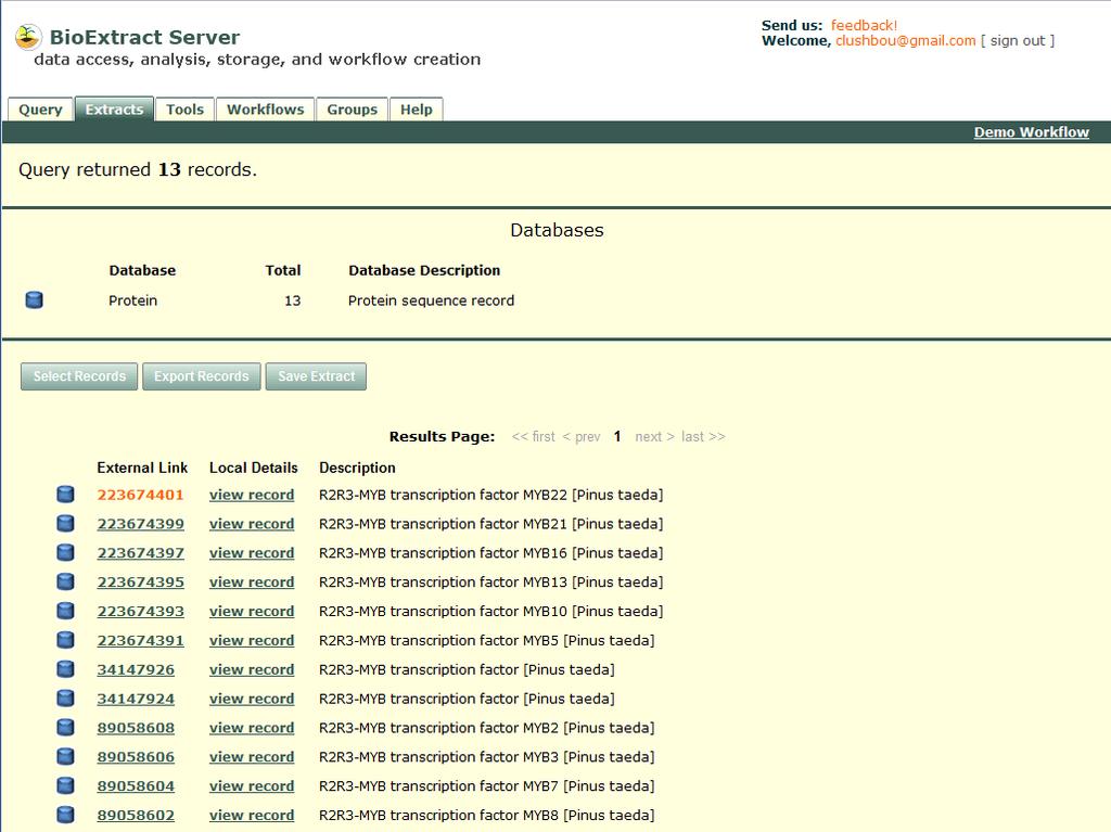 Figure 3. The BioExtract Server Extracts page showing the results of a query performed on the Query page. Clicking a Local Details link displays the selected record s GenBank file.
