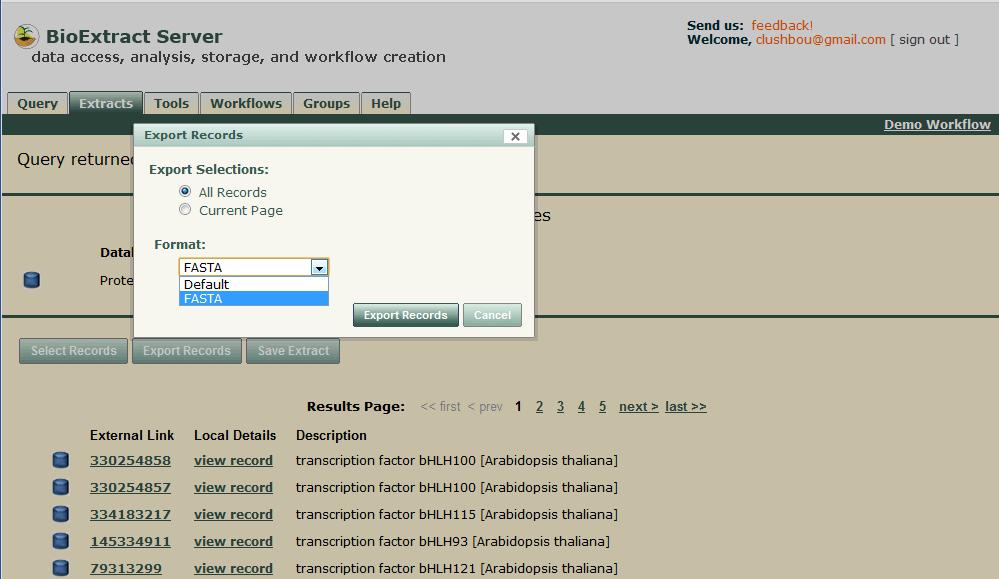 Figure 4. The BioExtract Server Extracts page showing the Export Records feature with downloading options FASTA and Default, which depends on the data source queried.