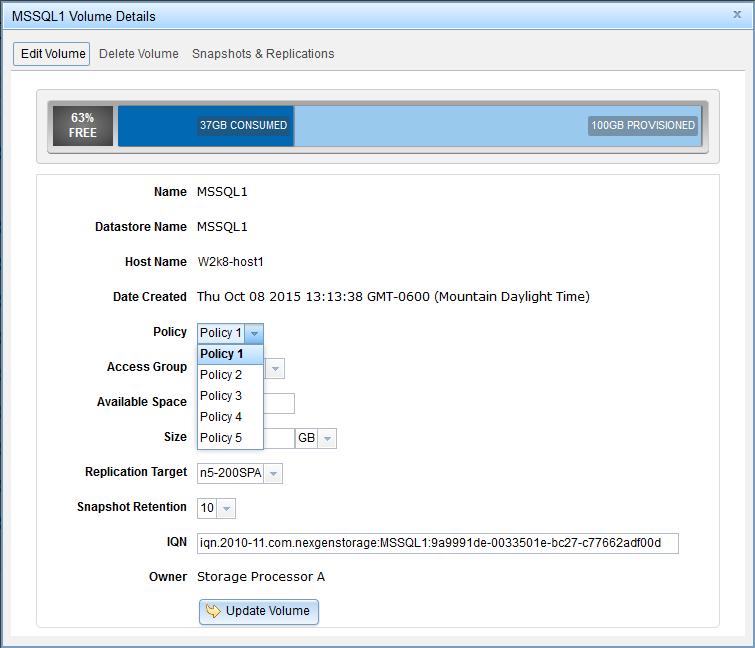 The following screenshot shows how easy it is to change a QoS Policy on a volume on-the-fly: Figure 3: Volume QoS Performance Policy modification screenshot.