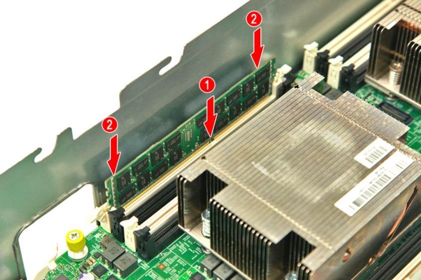 Installing the Memory Modules 1 Insert the memory module into the DIMM slot (1) then push