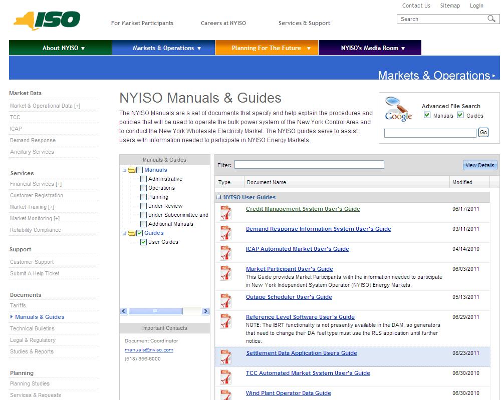 http://www.nyiso.com/public/index.jsp 2. Position your mouse over the Markets & Operations portal header, then under the Document Library heading in the displayed list, choose Manuals & Guides.