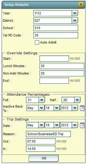 Click Attendance in the Program Navigator list. Under Entry, select Post Attendance. Attendance Setup Box: 1. Select the desired Year. 2. District and School should be defaulted based on security. 3.