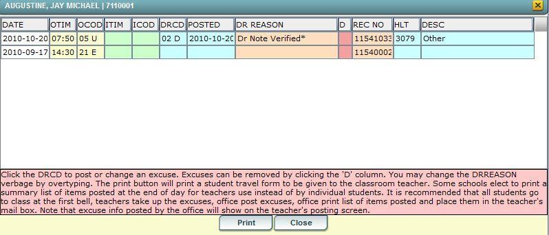 Post Excuse: If an excuse needs to be posted for a student s prior absences, with the Post Attendance program open with the students listed on the screen, find the student.