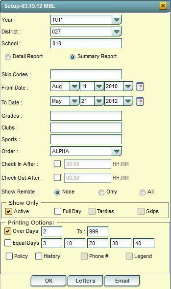 If Detail Report is selected, other options become available at the bottom of the setup screen: By checking Phone #, the student s phone number will be printed on the report.