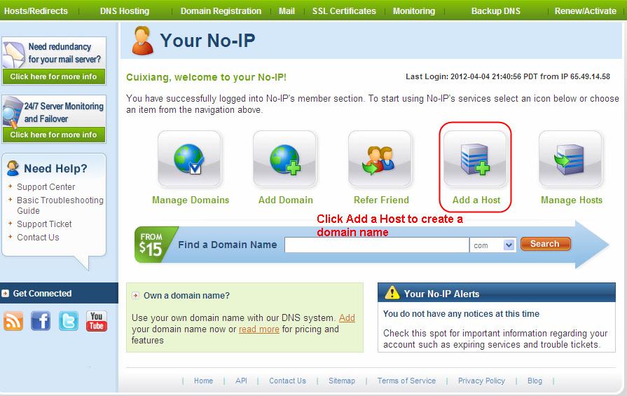Figure 3.1 Login the link to create a domain name Figure 3.2 Create a domain name Please create the domain name step by step according to instructions on www.no-ip.