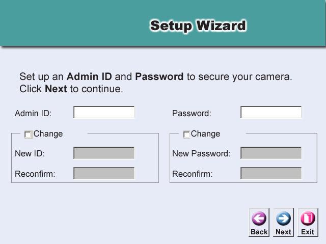 If required, select the Change box and enter the new Admin ID and Password.