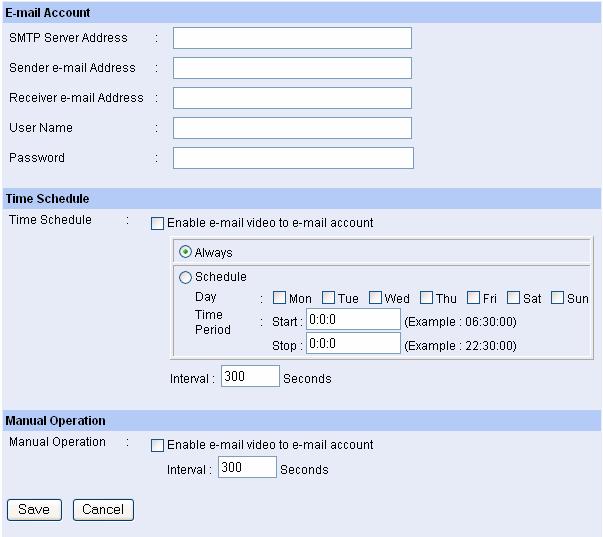 - E-mail Account: This field contains the following six basic settings for your FTP server.