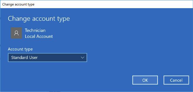 5.A. Creating Local Windows User Accounts (continued) 9. Touch the Change account type button to open the Change account type screen (Figure 16).