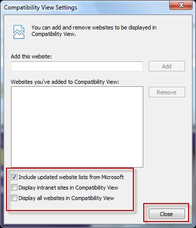 In Internet Explorer 9 click on Tools, Compatibility View Settings: Ensure the first box, Include updated website lists from Microsoft is checked and the next two boxes, Display intranet sites