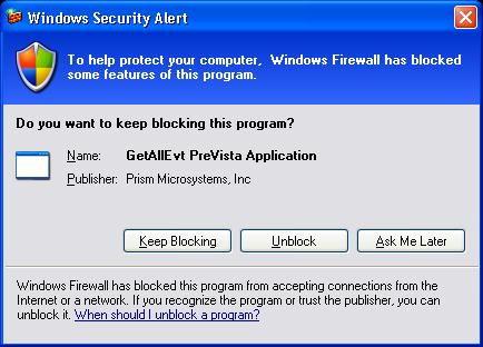 Figure 32 Firewall blocks the incoming network connection, if getallevt.exe does not exist in the Program and Services Exceptions and displays a notification. Click Unblock for the getallevt.