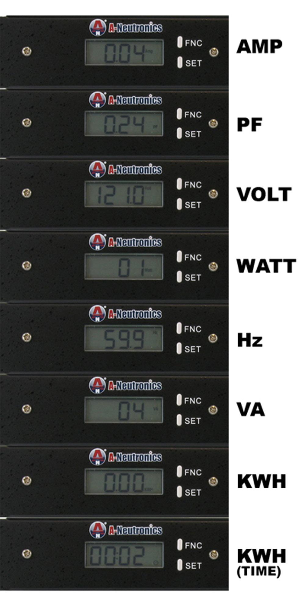 LCD Display Meter Function Meter function (8) Functions Provided Plug in the power strip and it starts to display current power supply status Voltage Amp Watt VA Hz PF Kwh Runtime Clock No start