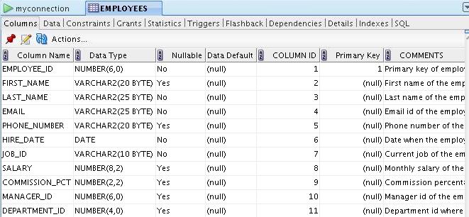 The Columns tab displays the columns in the EMPLOYEES table as follows: d) View the data of
