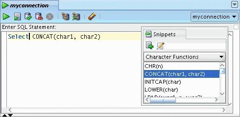 Using Snippets: Example Inserting a snippet Editing the snippet Using Snippets: Example To insert a snippet into your code in SQL Worksheet or in a PL/SQL function or procedure, drag the snippet from