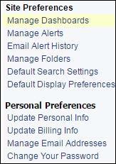 Preferences presents a personalized screen of your Site Preferences - saved dashboards, alerts, folders, and the default search and display settings which will be used to pre-populate your home page