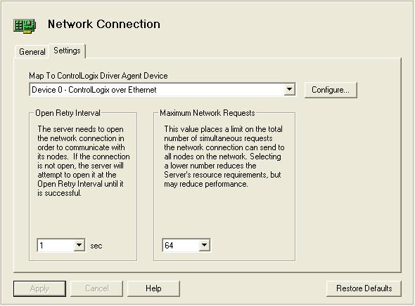 Settings Tab Map To ControlLogix Driver Agent Device Click the drop-down button to select the CLX device this network connection will use to communicate.