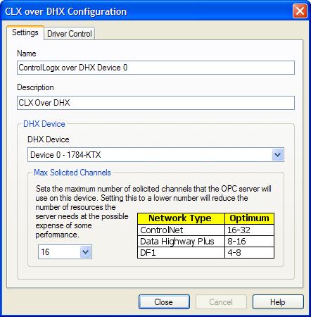 Settings Tab The two editors are similar, so we will use the CLX over DHX Configuration Editor as an example, noting where the Ethernet CLX Editor differs. Name Edit the name of the device.