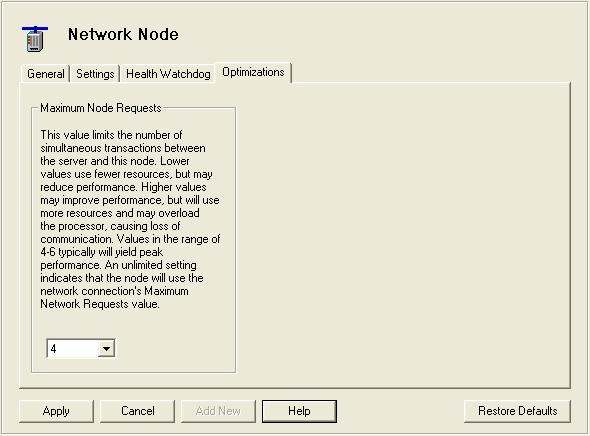 Optimizations Tab Maximum Node Requests This value defines the maximum number of simultaneous transactions that the server will allow for this node.