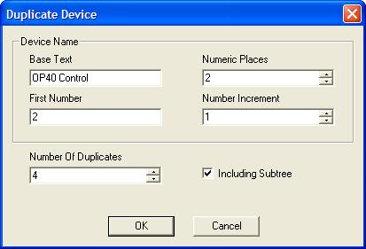 The above dialog box opens. You must specify how the duplicates are to be named by entering values for the Base Text, First Number, Numeric Places and Number Increment fields.