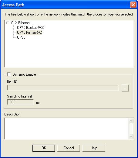 Select the network node for this access path. If you check the Dynamic Enable box, you can specify an Item ID that will be used to control the enable status of the access path.