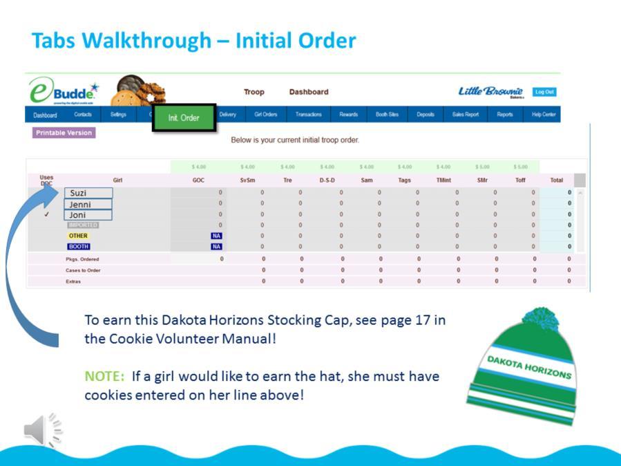 Next is the Initial Order. If you are new to Girl Scouts or this is your first Cookie Program this is a very important tab!