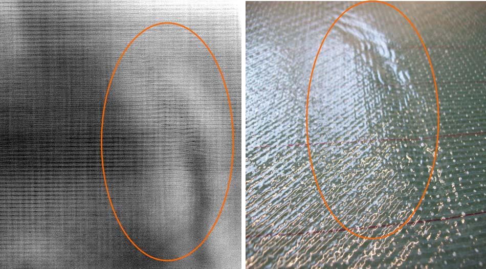 Figure 7: Undulation in a Fiber Glass structure. Left: Laminography, right: Picture Figure 8: Laminography image of a crack in a turbine blade.