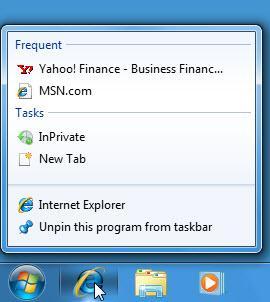Using a Jump List A Jump List for a program shows documents that you