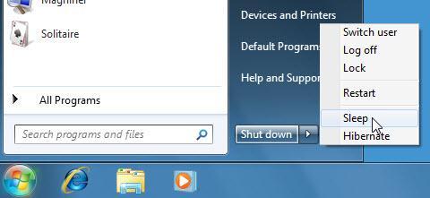 Pausing Your Work Session Use the arrow button beside the Shut down button on the Start menu to perform such actions as hibernating, switching users, or restarting.