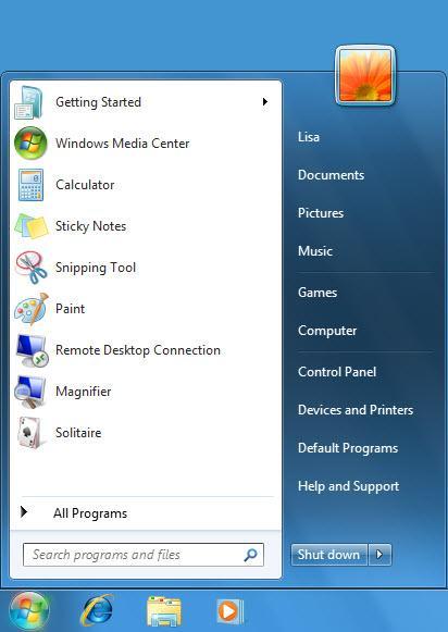Using the Start Menu The Start menu enables you to start up or launch programs and access system features. Click a pinned or recently used application in the left column to start it.