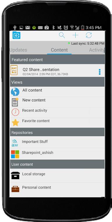 Navigate the Content Locker Content Locker centralizes all your enterprise data in a single container and integrates existing content repositories on your mobile device.