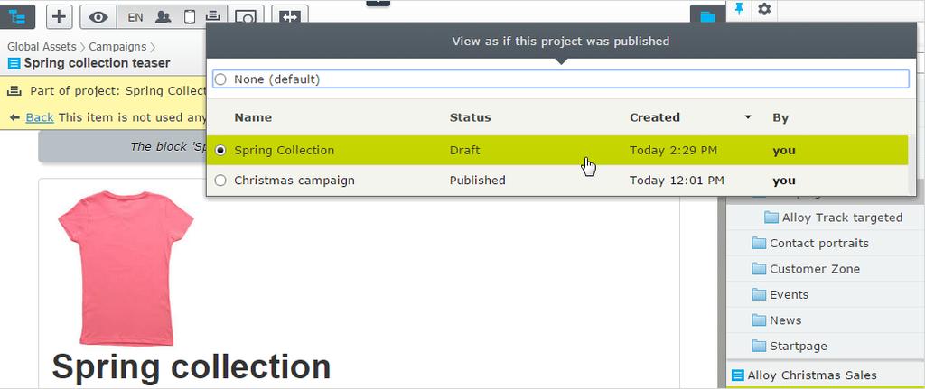 158 Episerver CMS Editor User Guide 18-2 9. Schedule the project to be published on the defined go-live date for the campaign.